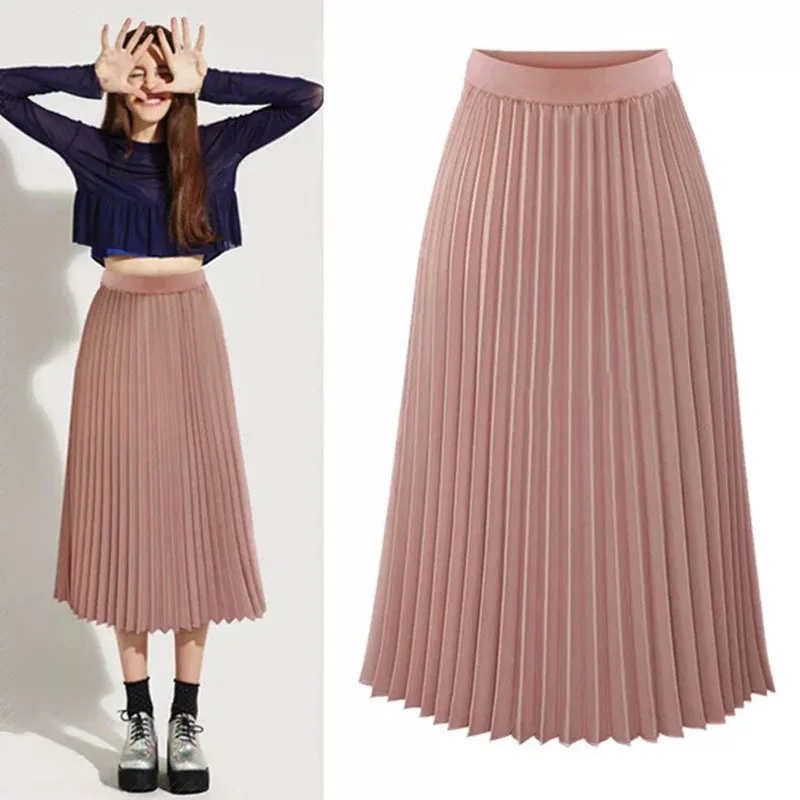 Women Chiffon Pleated Elastic High Waist Slim Fit Loose Midi Skirt