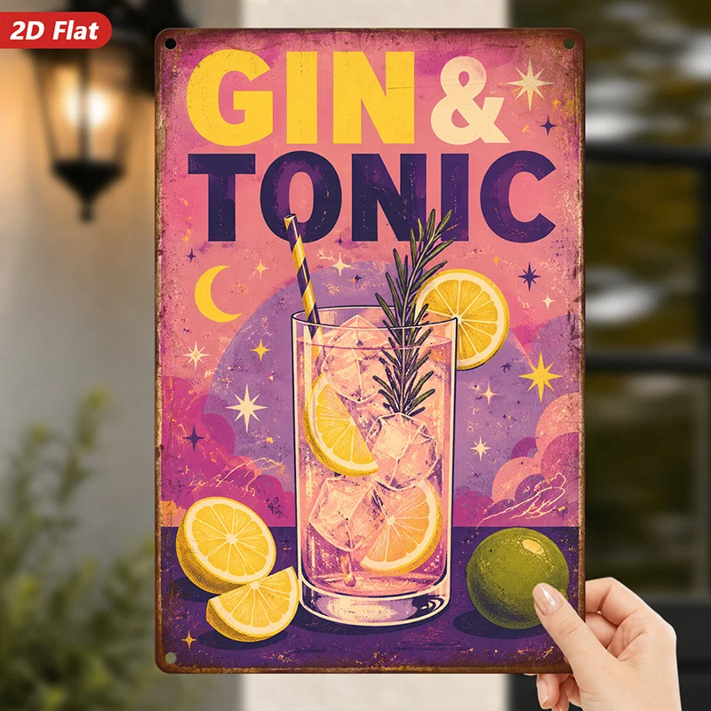 2D Flat, 1pc Gin Tonic Glow Metal Sign Wall Art, Home Decor, Suitable for Workspace Studio Bedroom, Moody Modern Night Style, Ne