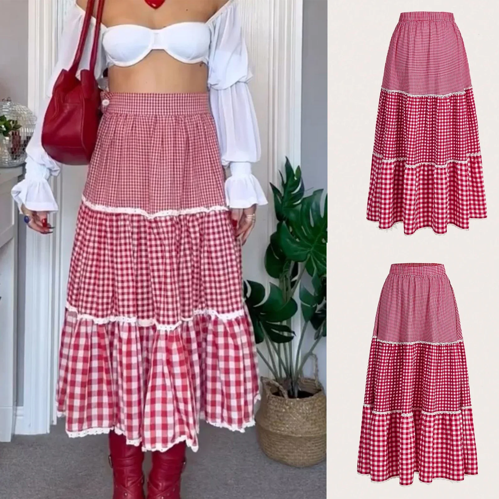 

Summer Sweet Red Plaid Print Long Skirt Womens Ruffles Flared Elastic High Waist Skirts