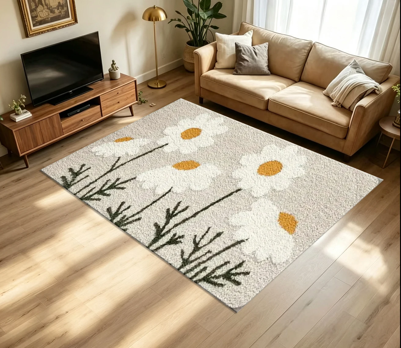 Vintage White Daisy Floral Pattern Carpet, Non-Slip and Washable, Suitable for Bedroom, Bathroom, Farmhouse, Cottage Home Decor