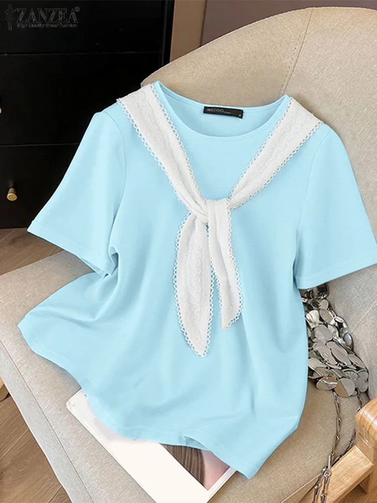 

2025 Summer Short Sleeve Work Blouses ZANZEA Stylish Women Lace Up Holiday Shirt Casual O Neck Loose Blusas Femme Tops Tunic