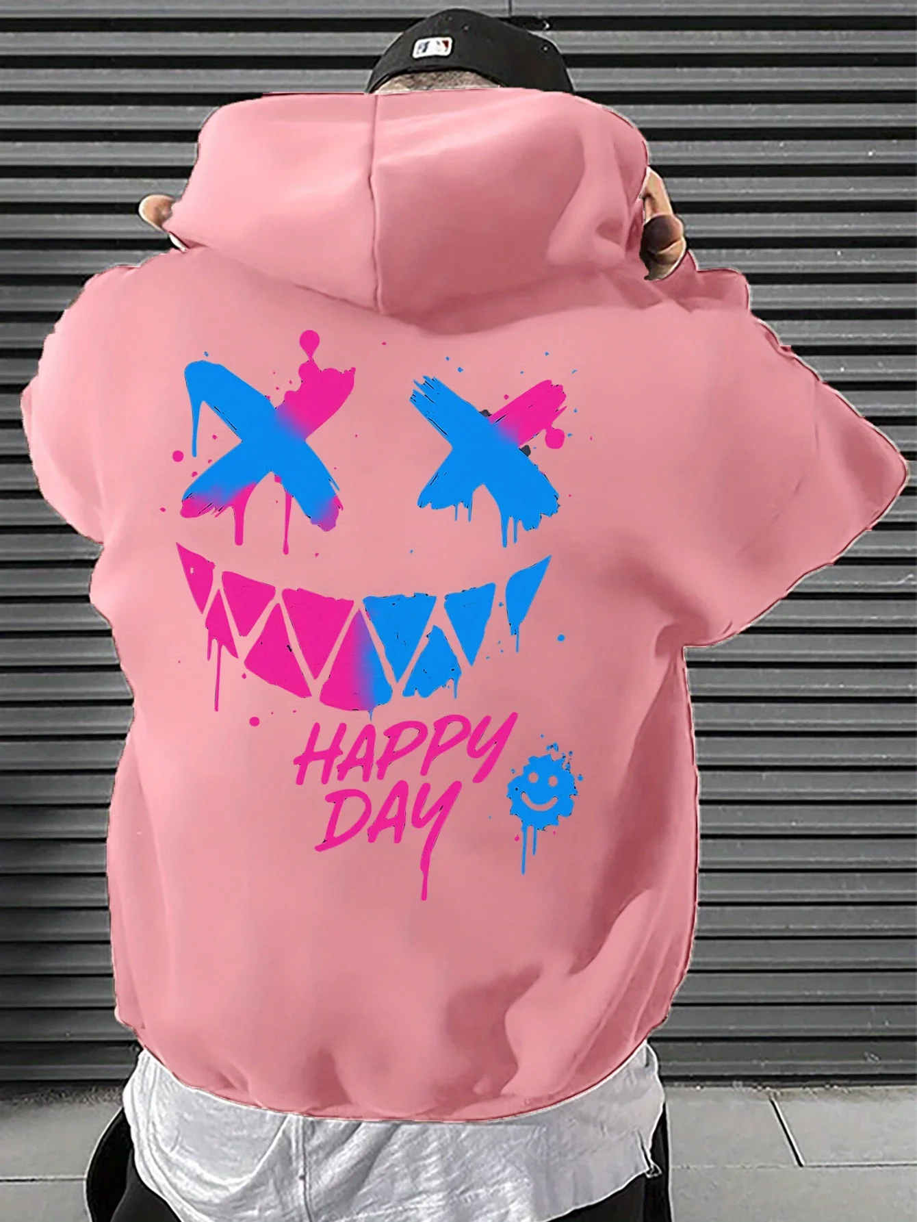 Men's Y2K Hoodie Splatter Paint Evil Smile X Eyes Happy Day Graphic Back Print Graffiti Streetwear Fleece Sweatshirt