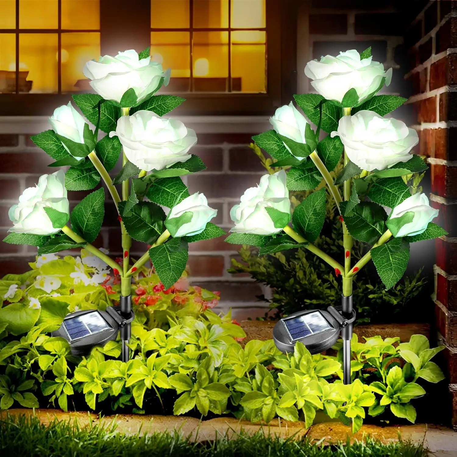 1pcs 6 heads Solar Garden Lights Outdoor Waterproof Fabric Rose White LED Flower Decorations for Yard Patio Path Cemetery Grave