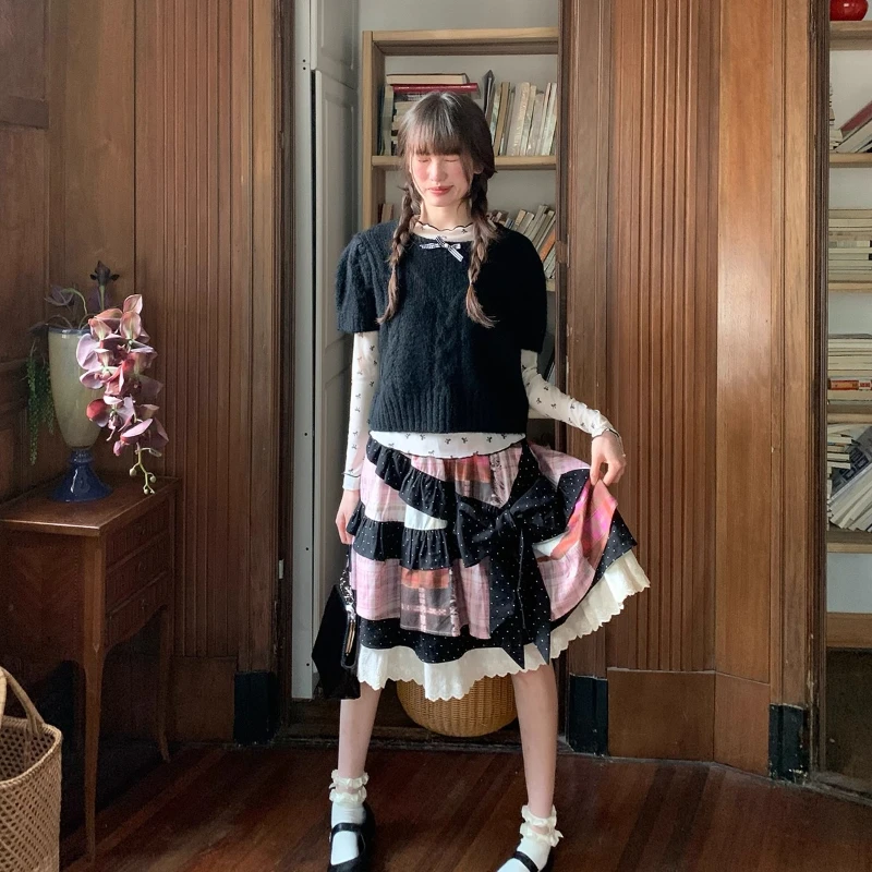 Japanese Original Design Pink Check Black Polka Dot Women's Skirt Summer Sweet Girl Irregular A-line Cake Half Skirts Ladies