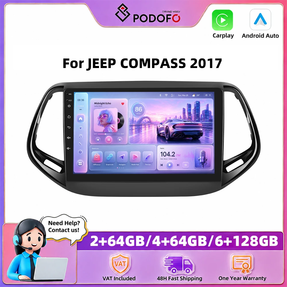 Podofo – autoradio 10 pouces pour JEEP C0MPASS 2017, Carplay sans fil, Android Auto, systèmes de voiture intelligents, navigation GPS, lecteur multimédia, MirrorLink, BT, WIFI, unité principale