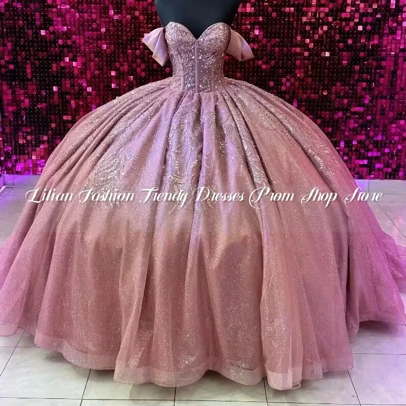 Rose Pink Shiny Quinceanera Dresses 2025 Beads Crystal Tull Sweethear Princess Sweet 15 Year Birthday Party Gown Gift Customised