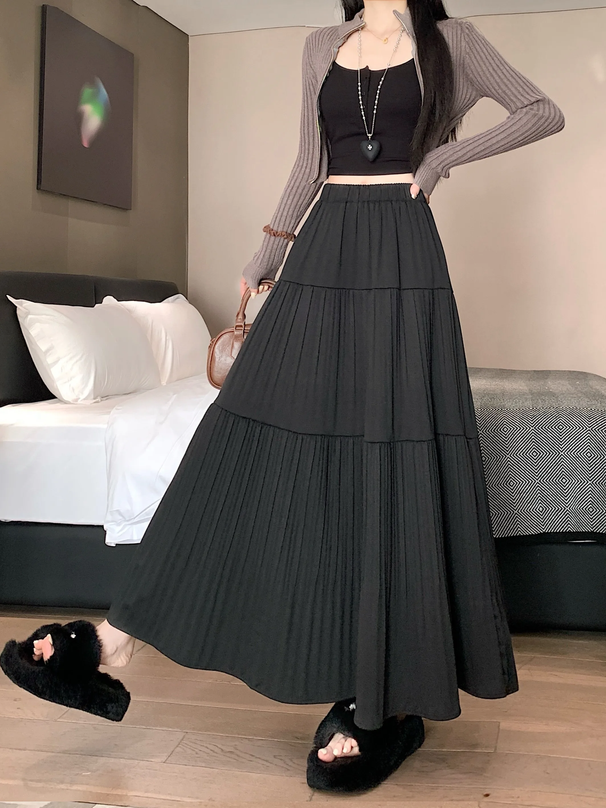 Authentic Pleated Midi Skirt Women's 2026 Autumn Winter New High Waist Slim Multi-layer Cake Long Skirt Polyester Fiber