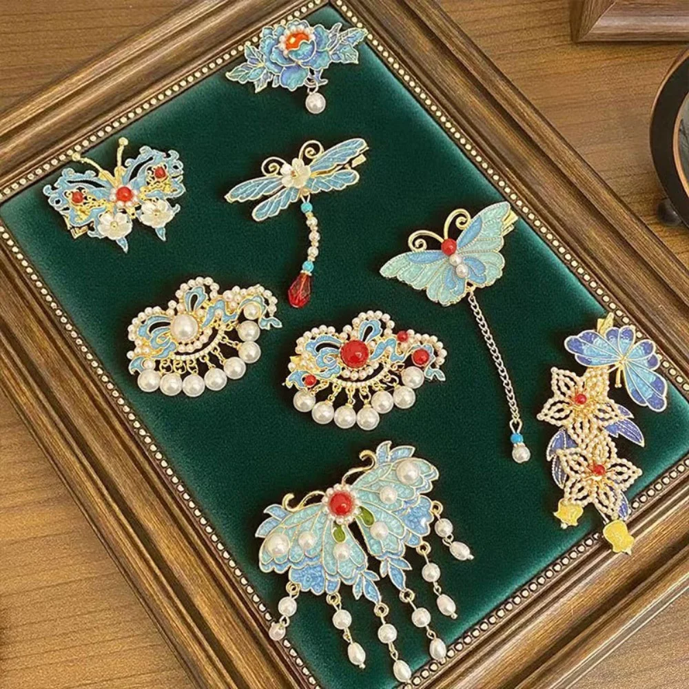 

Эмалированный головной убор в китайском стиле с жемчугом и маслом для женщин, темпераментная заколка для волос с кисточками и бабочкой, аксессуары для волос в стиле ретро, ювелирные изделия