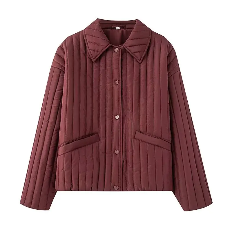 Herbst Neue Damen Baumwolle Jaet Herz Aped Button Dekorativ 2025, SLE Warm Long Sve Flip Collar Mantel Polyesterfaser