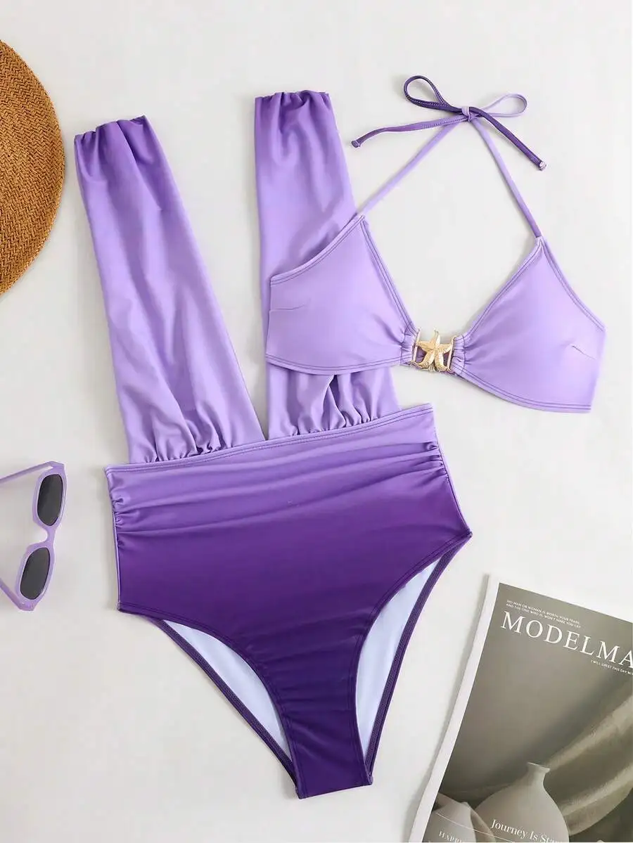 

Ombre Monokini Two Piece Swimsuit With Metal Star Decor High Waisted Triangle Top