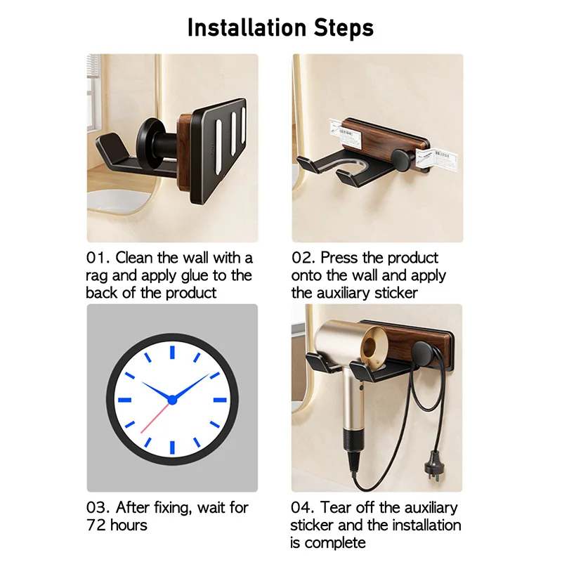 الخشب مجفف الشعر حامل الحفر خالية الذاتي لاصق مجفف للنفخ حامل ل دايسون مجفف شعر الجوز تخزين الرف الحمام شماعات الرف #6