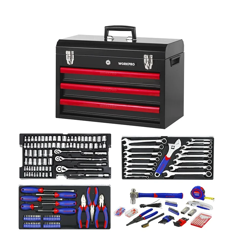 WORKPRO 407PCS Home Tool Set Mechanics Tool Set with 3 Drawer Heavy Duty Metal Box Clearance Promotion