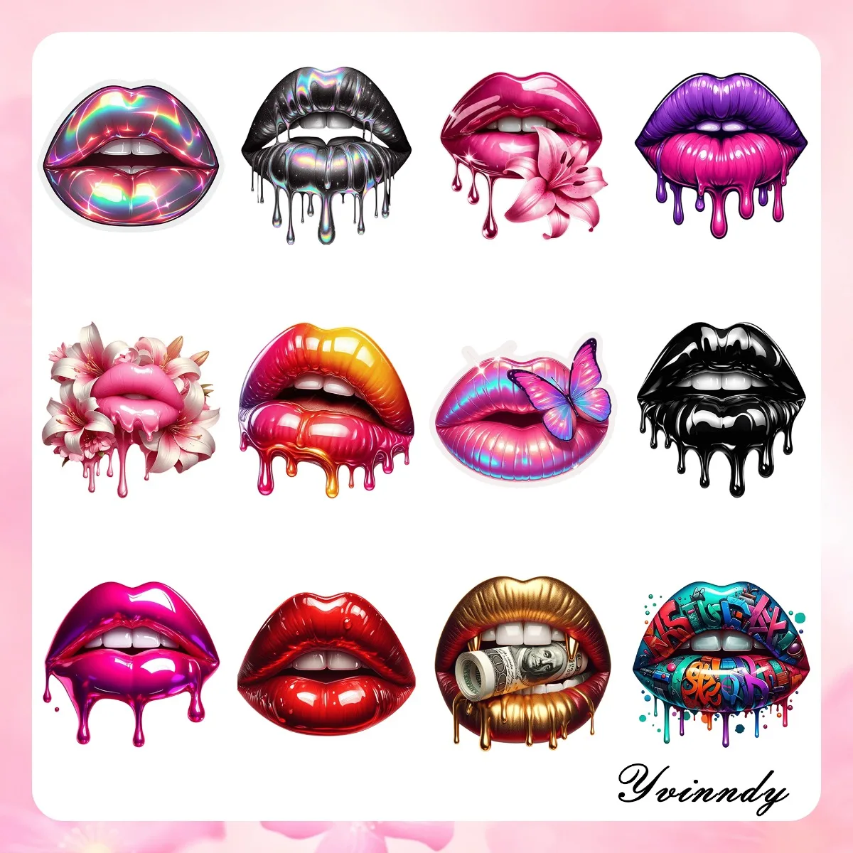 12Pcs/Set Colorful And Sexy Floral Lips DIY Glass Jar Packaging Stickers UV DTF High Self-Adhesive Transfer Paper view 2