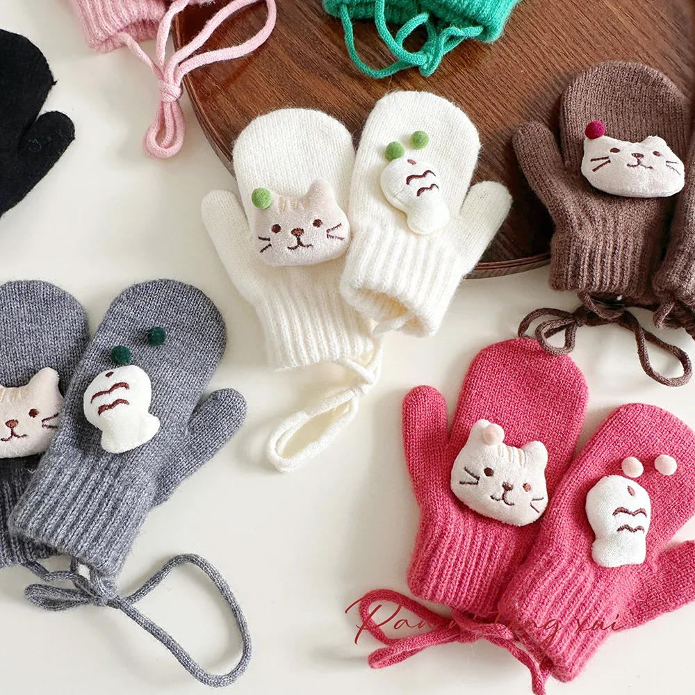 Guanti Bambino Trendy Guanti in maglia gattino 3D Addensato Calore invernale Dito intero Scaldamani per bambini in stile coreano