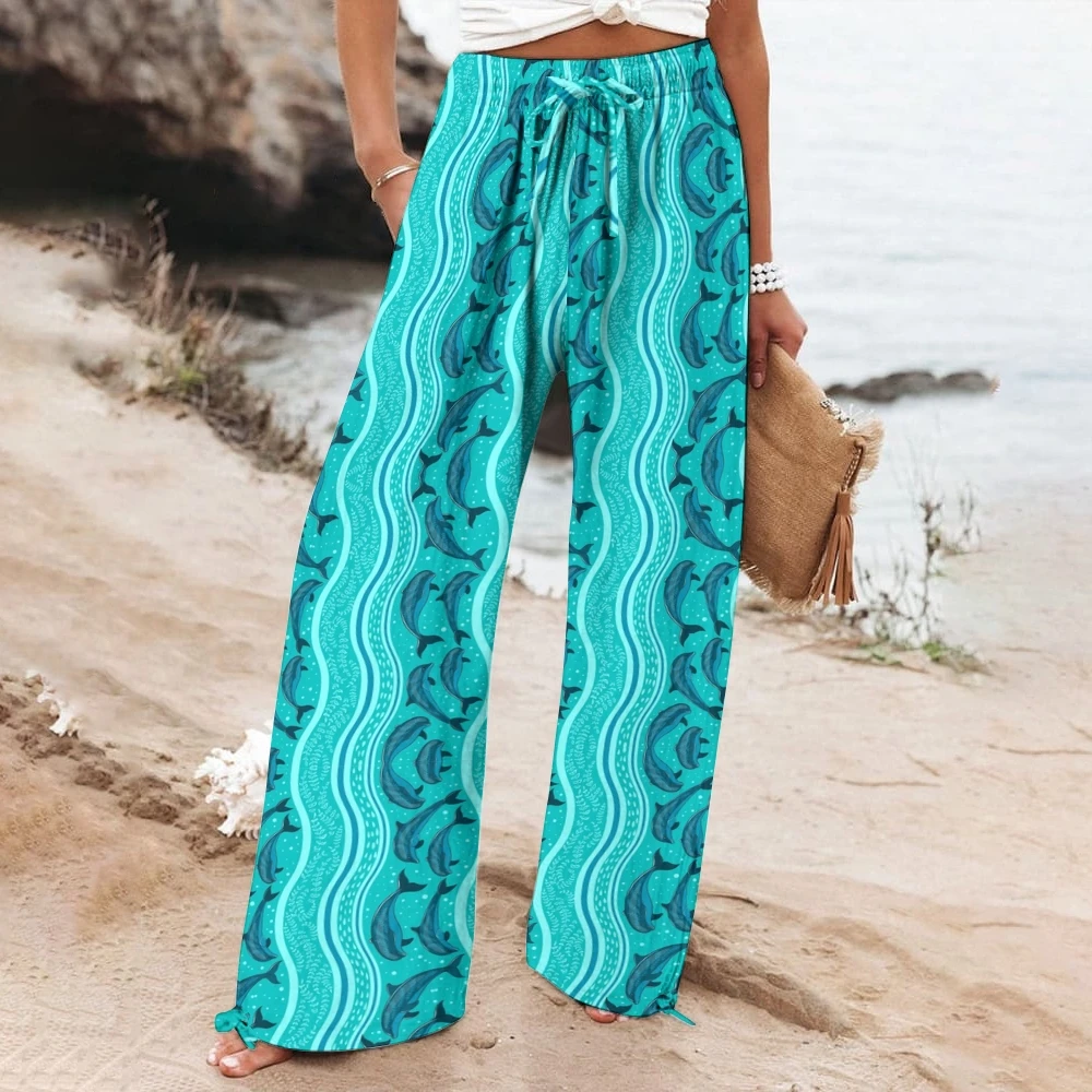 

Dolphin Graphic Print Beach Pants for Women, Casual Wear, Wide Leg Pants, Beach Traf Clothes, Nice Fashion Wear, Ocean Blue