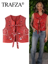 TRAFZA 2024 Women Elegant Red Printed Tank Tops Female Fashion Bow Drawstring Casual Loose Versatile Sleeveless Cardigans Vest