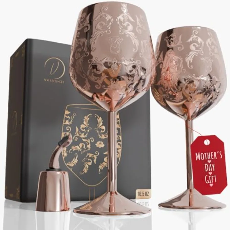 

Mother's Day Gift for Mom Set of 2 Stainl Steel Wine Glasses, 17oz Engraved Goblets with Bottle Stopper, Unbreakable Elegant Wi