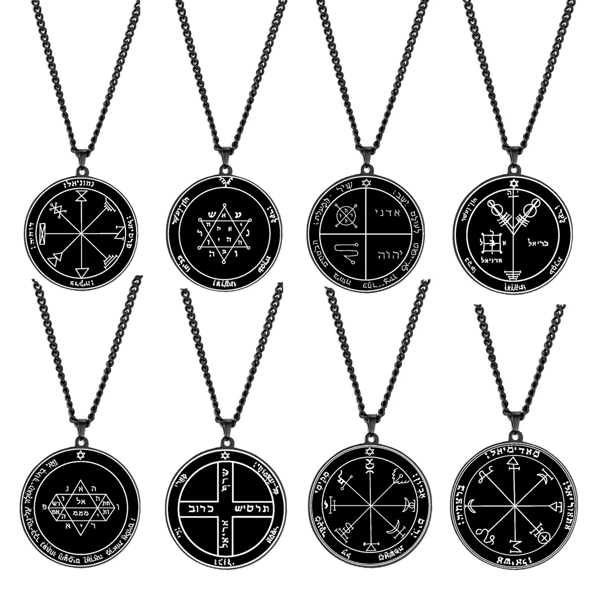 Black Laser Engraving Stainless Steel 44 Solomon Pentacles Seal of Jupiter Mars Mercury Moon Saturn Sun Venus Talisman Necklace