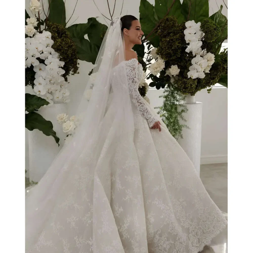 Dress Wedding Ball Boho Gown For Bride Off Shoulder Fulllace Wedding Dresses Long Sleeves Ruffle Robe De Mariage Lacefull  2024