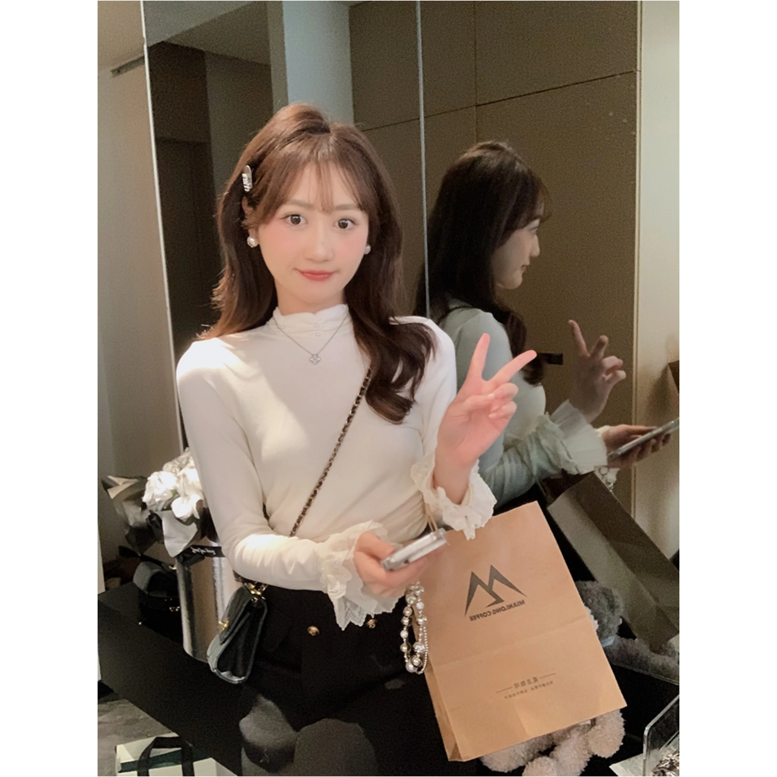 

Футболка с длинным рукавом Ele Embellished Ter Ne Simple Color от Anli Sweet Sle, свободного кроя, с вырезами, из полиэстера