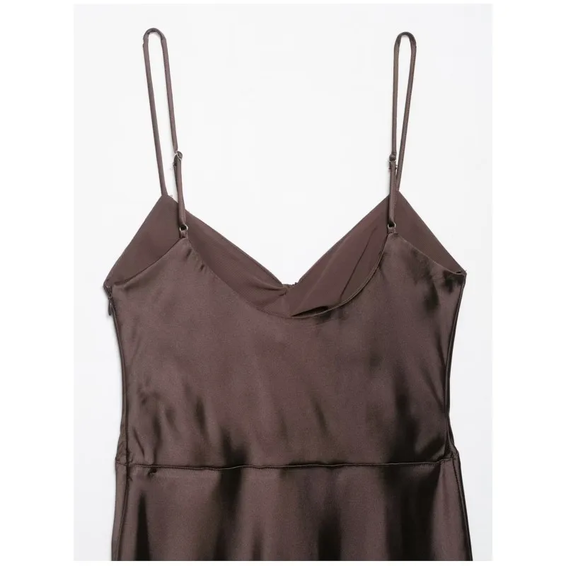 NERHEFZ Abito longuette da donna in raso raccolto Sexy senza schienale con cinturino per spaghetti con scollo a V Abito lungo da donna a pieghe Abiti chic da donna