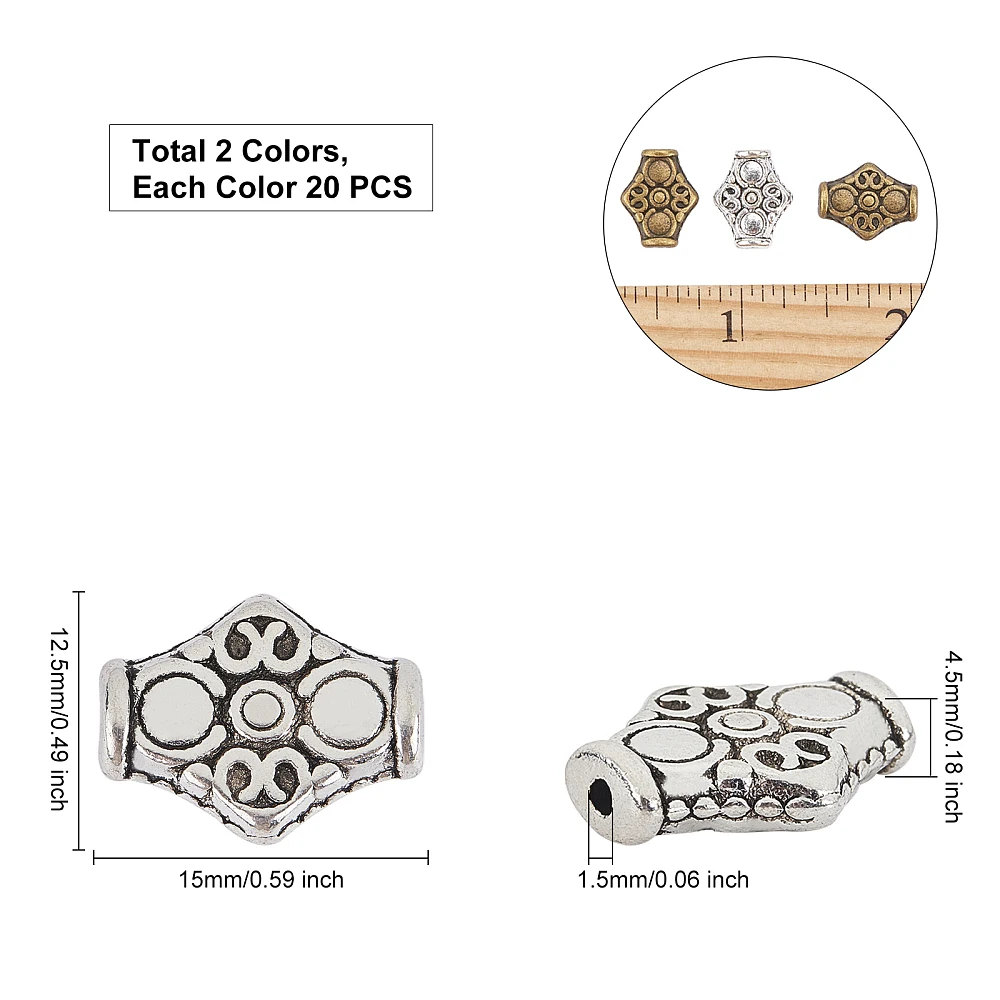Style Alloy Beads Lead Free Cadmium Free Rhombus Mixed Color 15x12.5x4.5mm Hole: 1.5mm 2 colors 20pcs/color 40pcs/box view 2