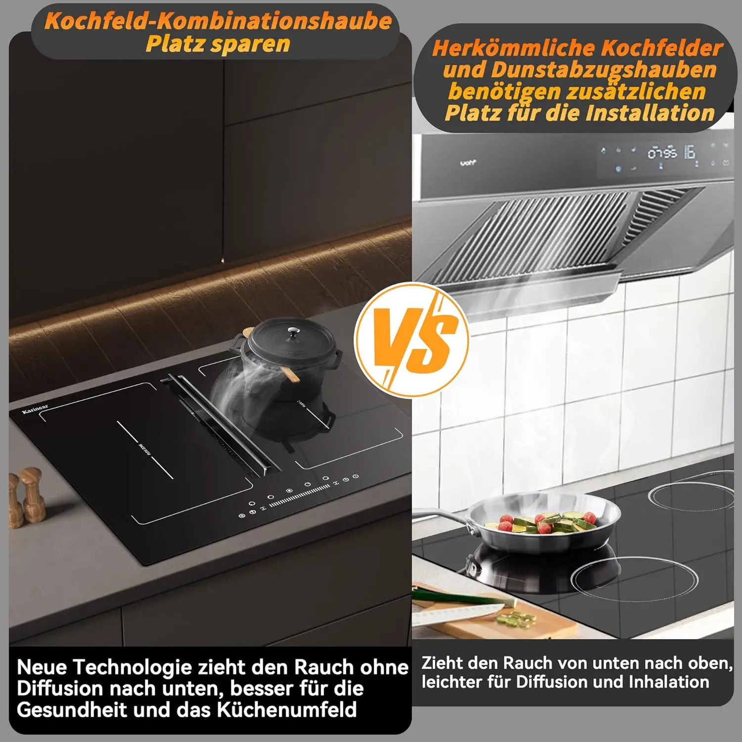 موقد Karinear التعريفي ذو 4 مناطق فليكس مع مستخرج (غطاء مستخرج 145 وات)، مدمج 60 سم، مؤقت، دفعة، توقف، 7200 وات، بدون قابس #5