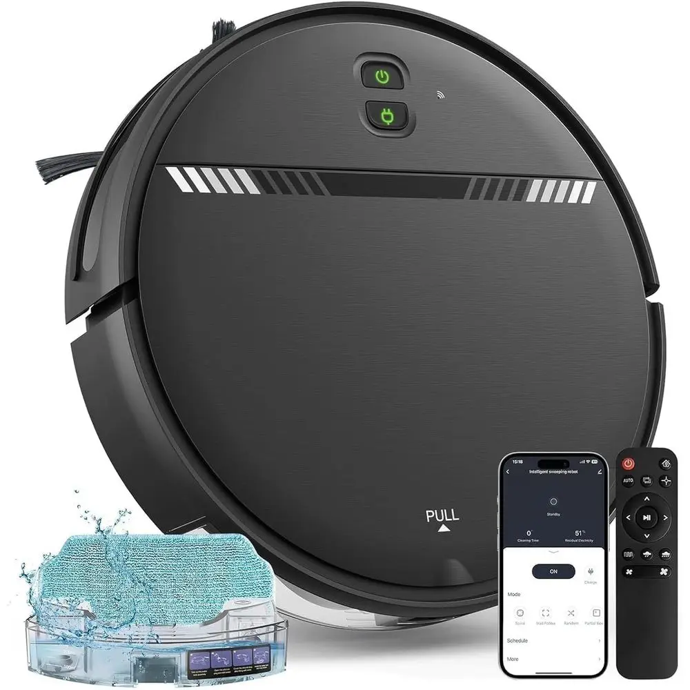 

Robot Vacuum and Mop Combo, 2-in-1 with WiFi/App/Voice, Schedule, Water Tank, Dustbin, Self-Charging, Slim, Ideal for Hard Floor