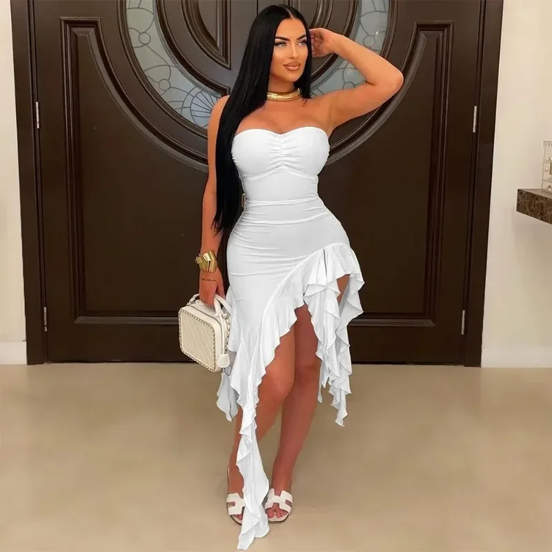 

New Summer Sexy Ruffles Starpless Patchwork Dress Irregular Tassel Hem Stretch Bodycon Elegant Birthday Robe for Women Cloting