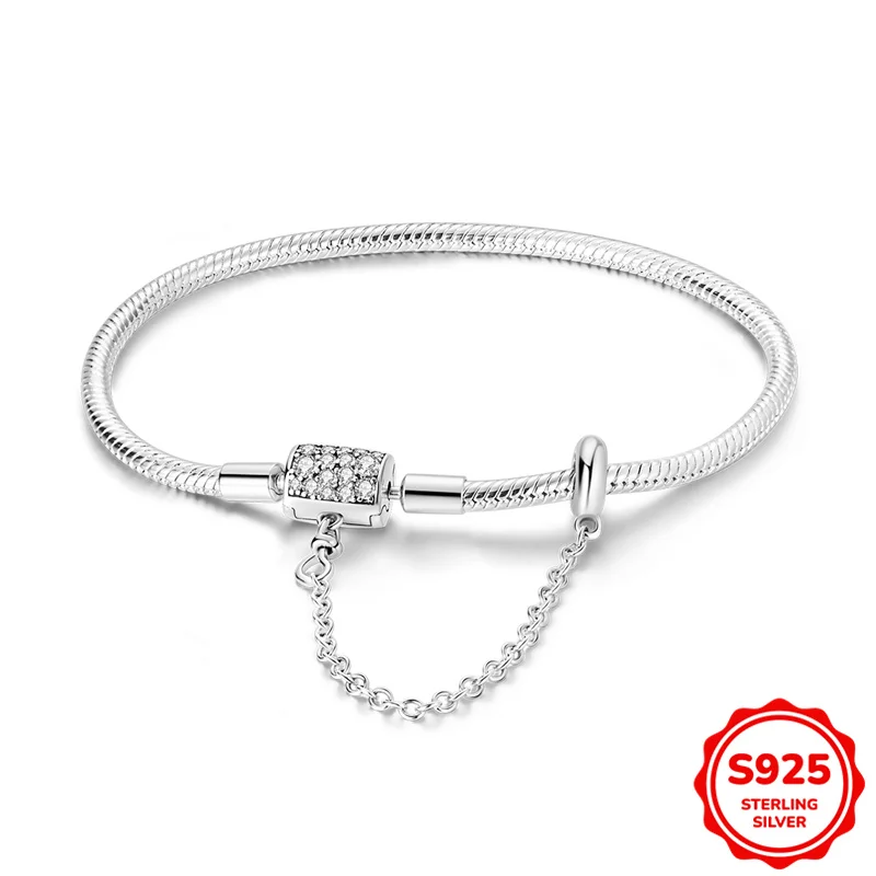 

925 Sterling Silver 17-20 CM Safety Chain Bucket Buckle Snake Bone Chain Bracelet Fit Charms Beads Fashion Women Jewelry