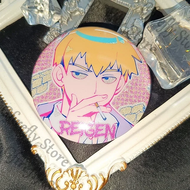 

Mob Psycho 100 Reflective Badge Pendant Cartoon Emblem Cosplay Kageyama Shigeo Reigen Arataka Tinplate Breastpin Present