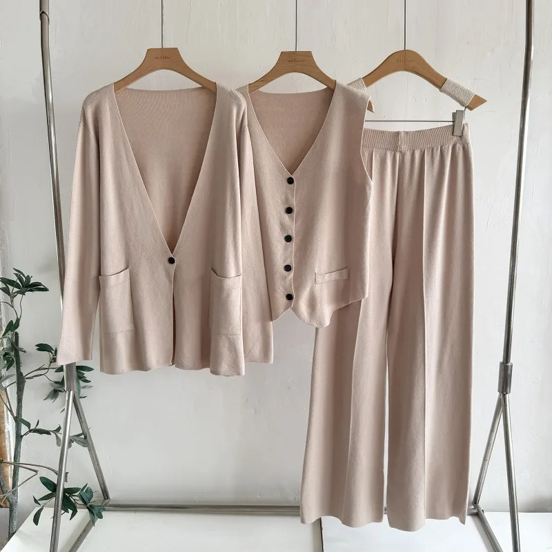 

Sleeveless New Fashion Pants Suit New Winter Solid Color Knitted cardigans Vest Tops Wide Leg Pants Three-piece Suit Women's