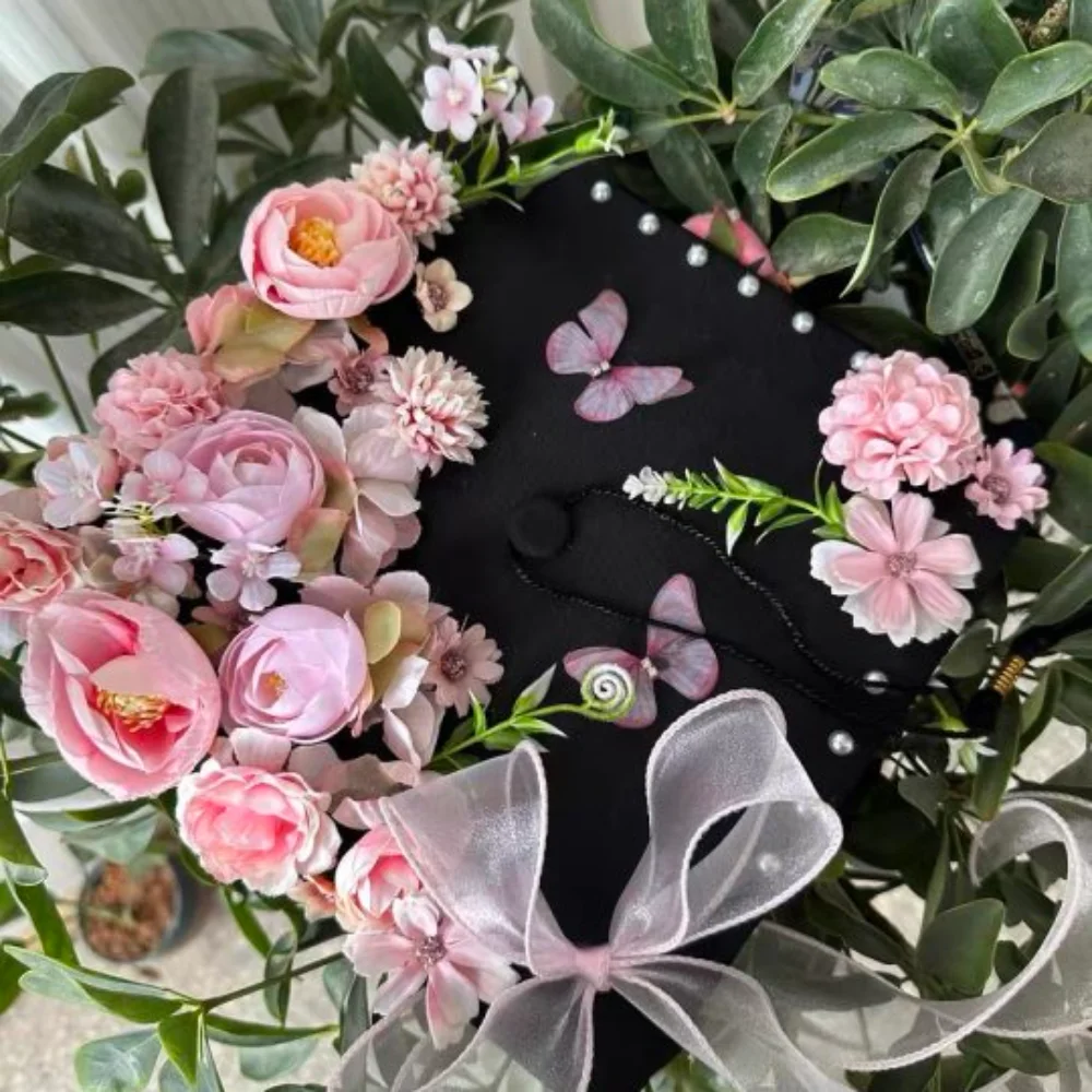 Doctor DIY Flowers Graduation Cap Master Adjustable Academic Hat with Tassels Fringe Charm Ornament