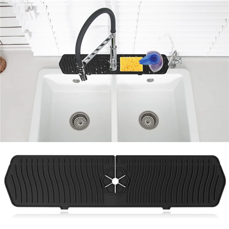 Kitchen Sink Splash Guards Sink Splash Guards Mat, Long Silicone Faucet Handle Water Catcher Tray for Kitchen Black