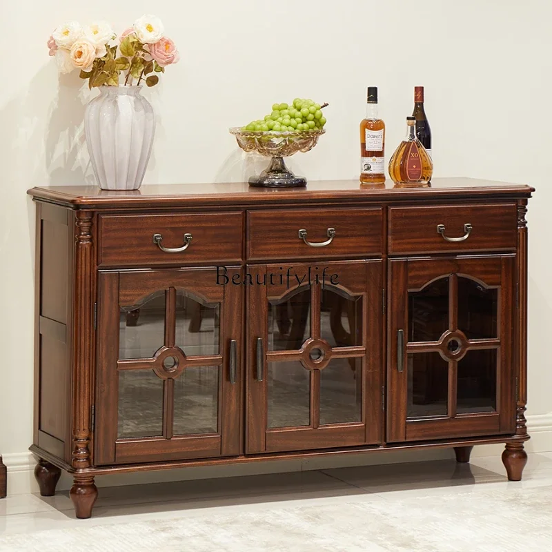 01American all solid wood black walnut side cabinet three-door wine cabinet cabinet