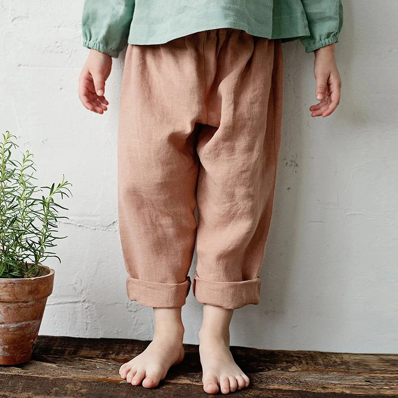 Mori Retro Cotton Linen Boys And Girls Straight Pants Summer New Elastic Waist Loose Casual Pant With Pocket Children's Trousers