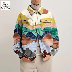 Men Casual Lapel Trend Print Autumn Shirt Jacket Winter Long Sleeve Single Breasted Coat Men's Abstract Line Jacket