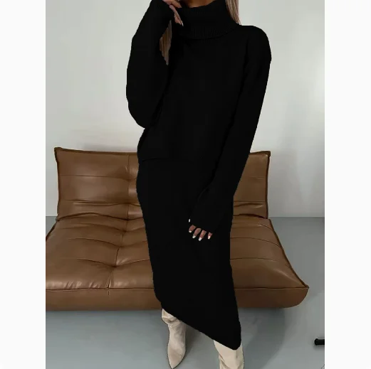 

Elegant Women's Sets O Neck Split Knitted Sweater Long Dress Two Piece Sets Autumn Sexy V Neck Lace Sweater Skirt Two-piece Set