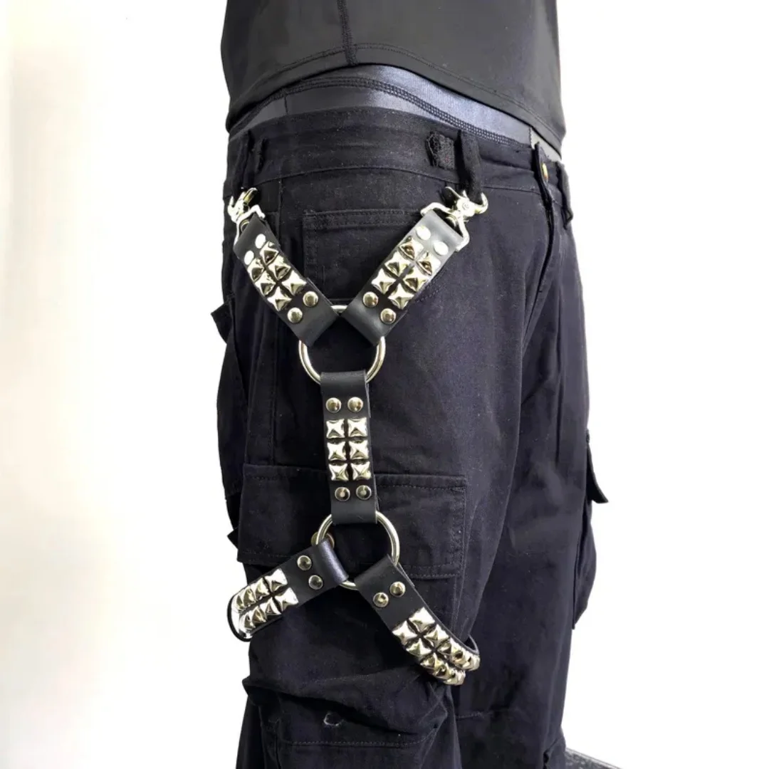 UYEE Gothic Leg For Jeans Harness Black Hip Hop Leg Strap Unisex PU Leather Rivet Belt Leg Ring Gaiter Harness Punk Belt