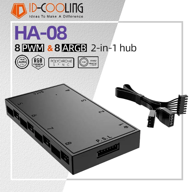 

ID Cooling HA 08 12V 4Pin PWM and 5V 3pin ARGB Fan Hub ARGB Chassis Fan 2in1 8 Ways Splitter SATA Power Connect Motherboard