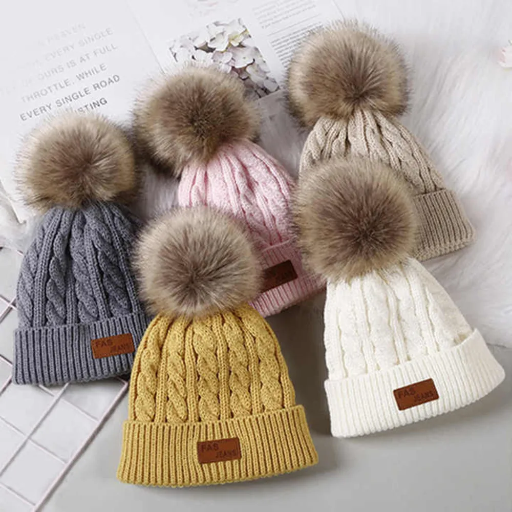 Warm Cozy Kids Raccoon Fur Pom Ball Hat Slouchy Beanie Cap Hat Winter Children Knitted Beanie Gorro for Boys Girls 2-8 years old