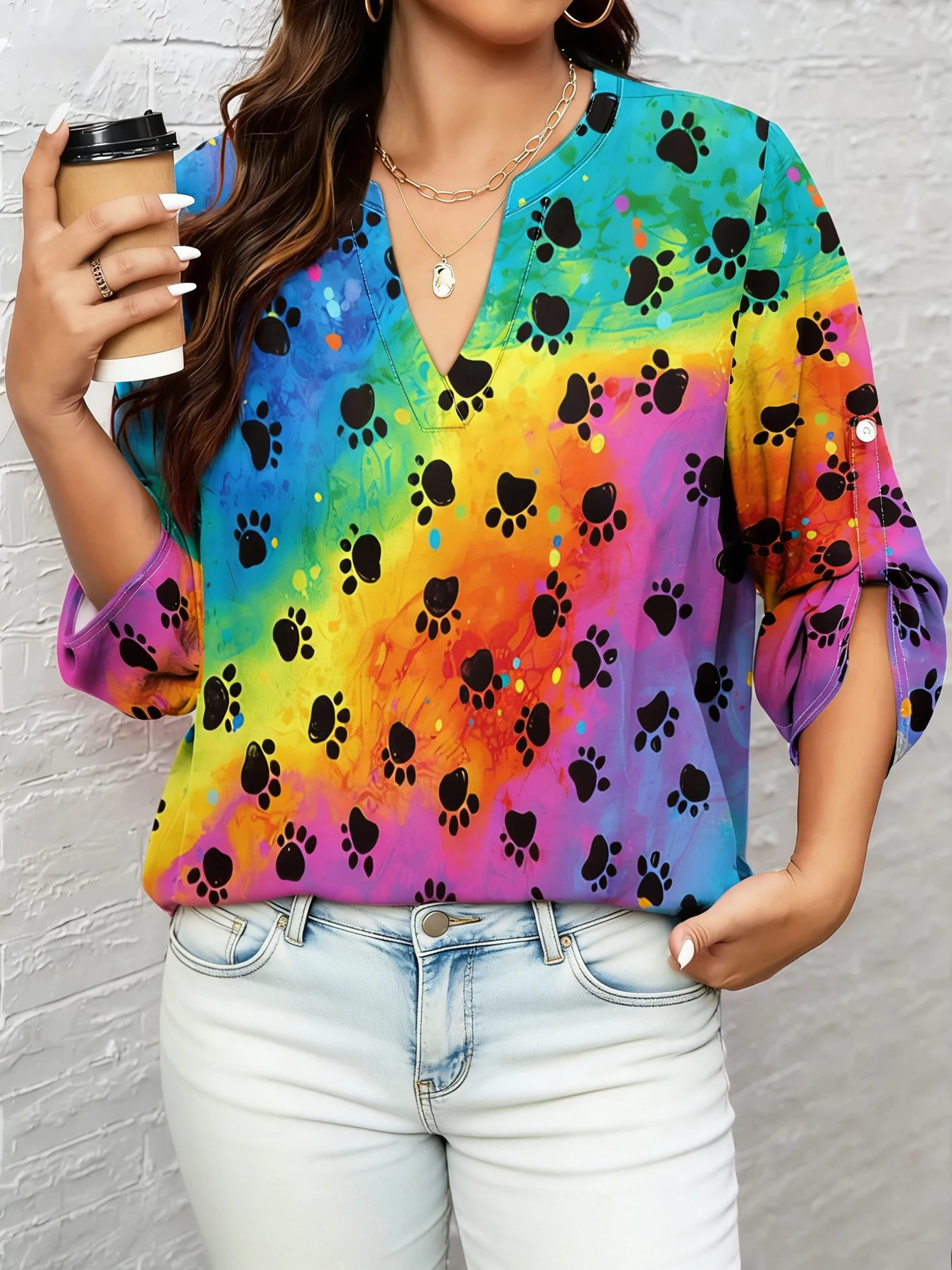 

Women's Tie Dye Paw Print Blouse, V Neck Long Sleeve Casual Tunic Top for Daily Wear