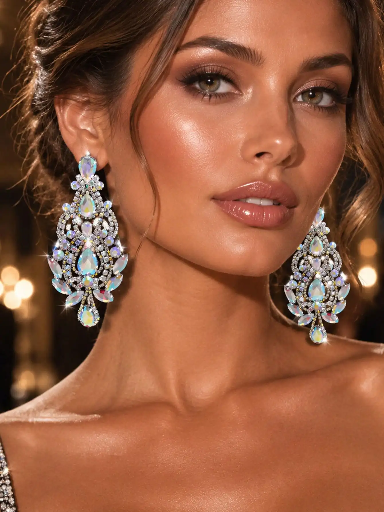 AB Crystal Teardrop Dangle Earrings Luxury Rhinestone Chandelier Drop Earrings Sparkly Statement Party Evening Wedding Jewelry