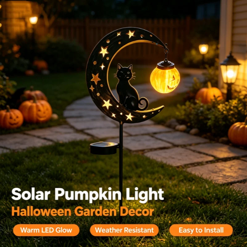 Solar Black Cat Pumpkin Moon Stake Light Led Garden Ornament Decor For Pathway Yard Patio Outdoor Halloween Gift Fun Led Art