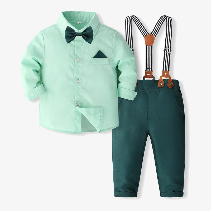 Boy Wedding Clothing Set Solid Cotton Shirt with Pants Kid Suspender suit 1 2 3 4 5 6Years Fall Birthday Costume Gentleman Child