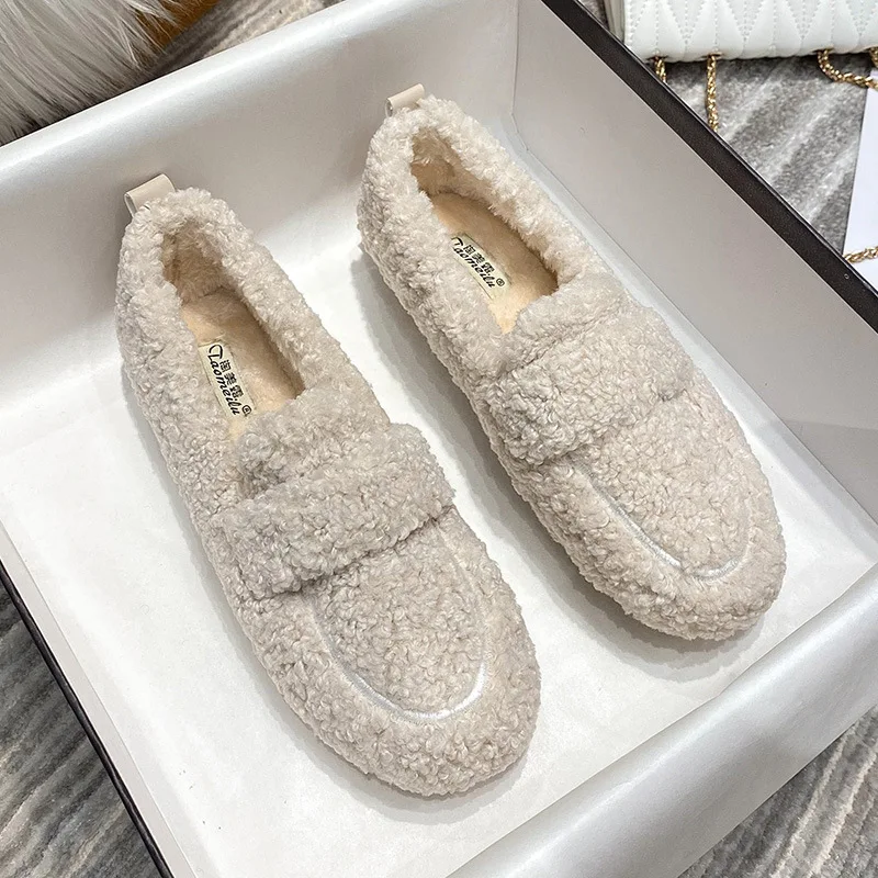 34-43 Big Size Lambwool moccasins femme curly sheep fur flats woman warm plush loafers winter cotton shoes women furry snow boot