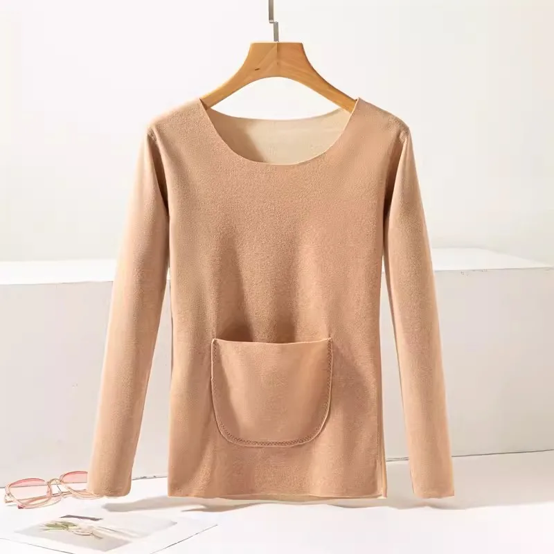 Autumn Winter De Rong No Trace Underwear Women Pockets Thick Velvet T-Shirts Warm Long Sleeve T Shirt Tees Ladies Short Shirt