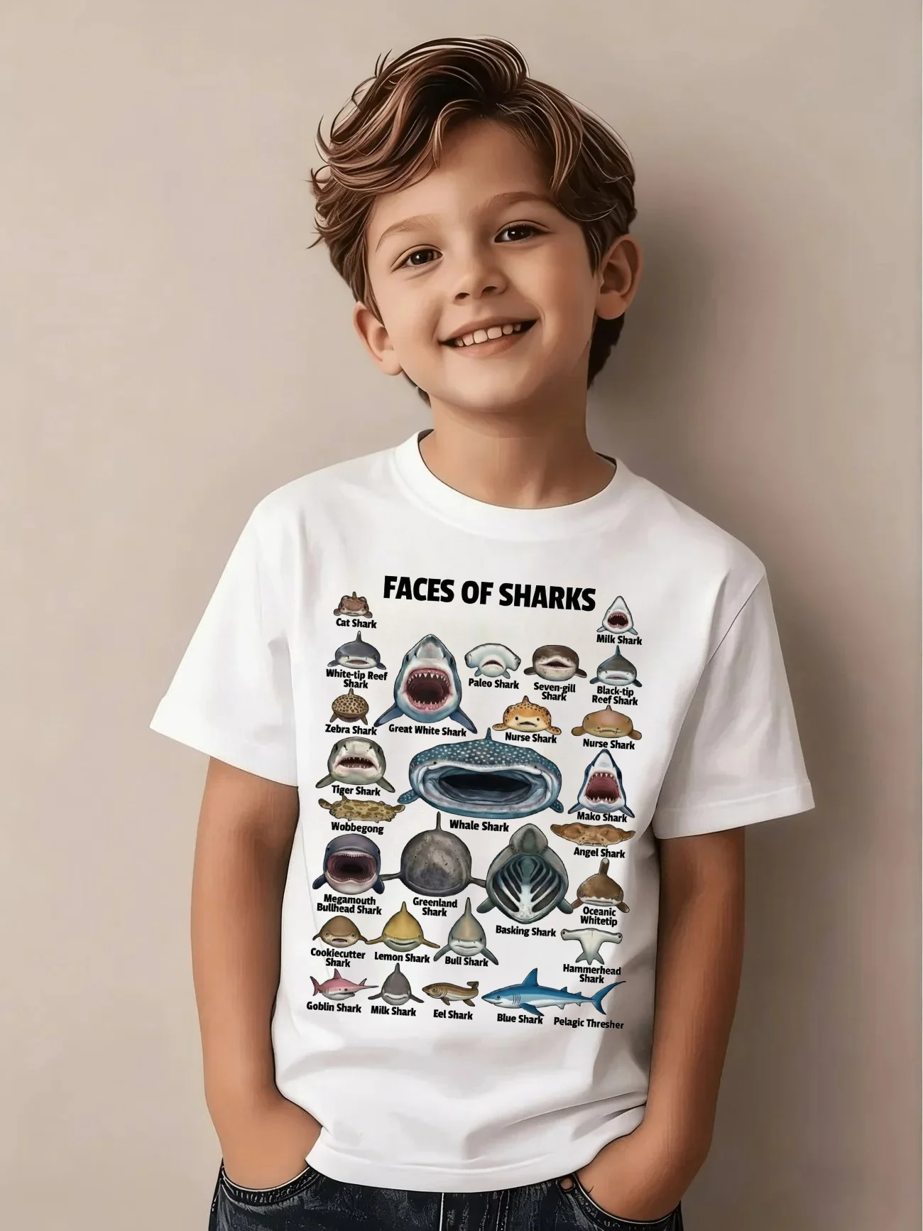 Summer Boy Girl Funny Shark Face Science T Shirt Kids Baby Youth Men Women Tee Streetwear Shark Labels Ocean Theme Graphic Top