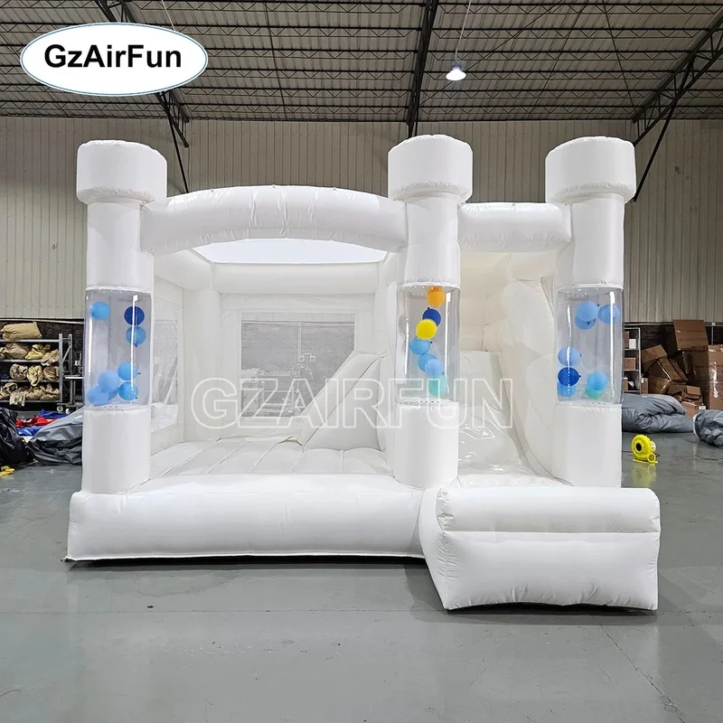 Pure White Inflatable Bouncy Castle With Slide & Decor Ball Tubes, Wedding Jumper Bounce House for Party Photo Shoot
