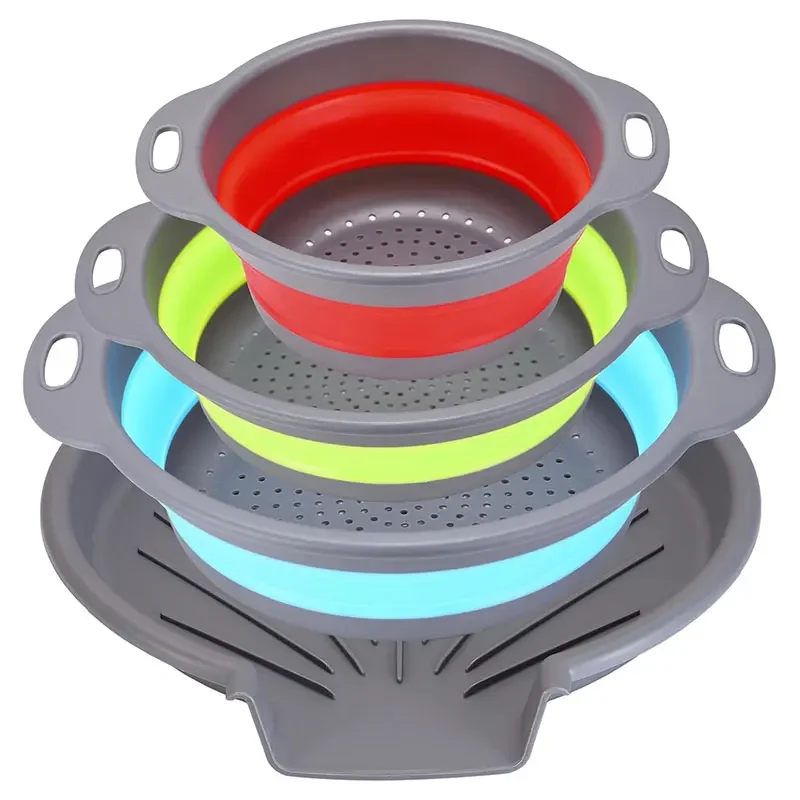 3/4PCS Foldable Collapsible Colander Set Drain Basket with Self-Draining Base  Washing Basket Kitchen Drainer